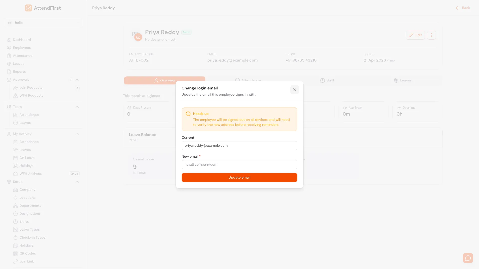Change login email modal warning that the employee will be signed out on all devices, with Current and New email fields and an Update email button