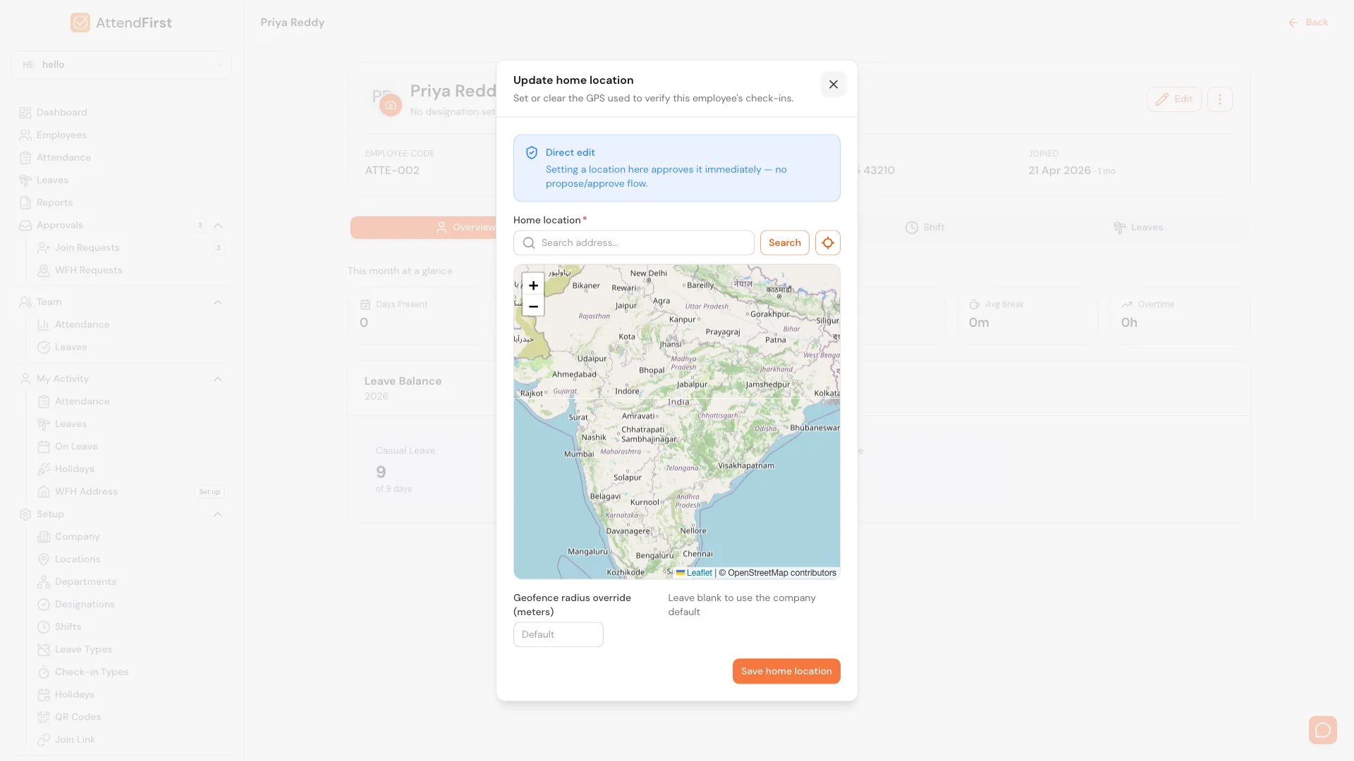 Update home location modal with map widget, address search, and a Geofence radius override input
