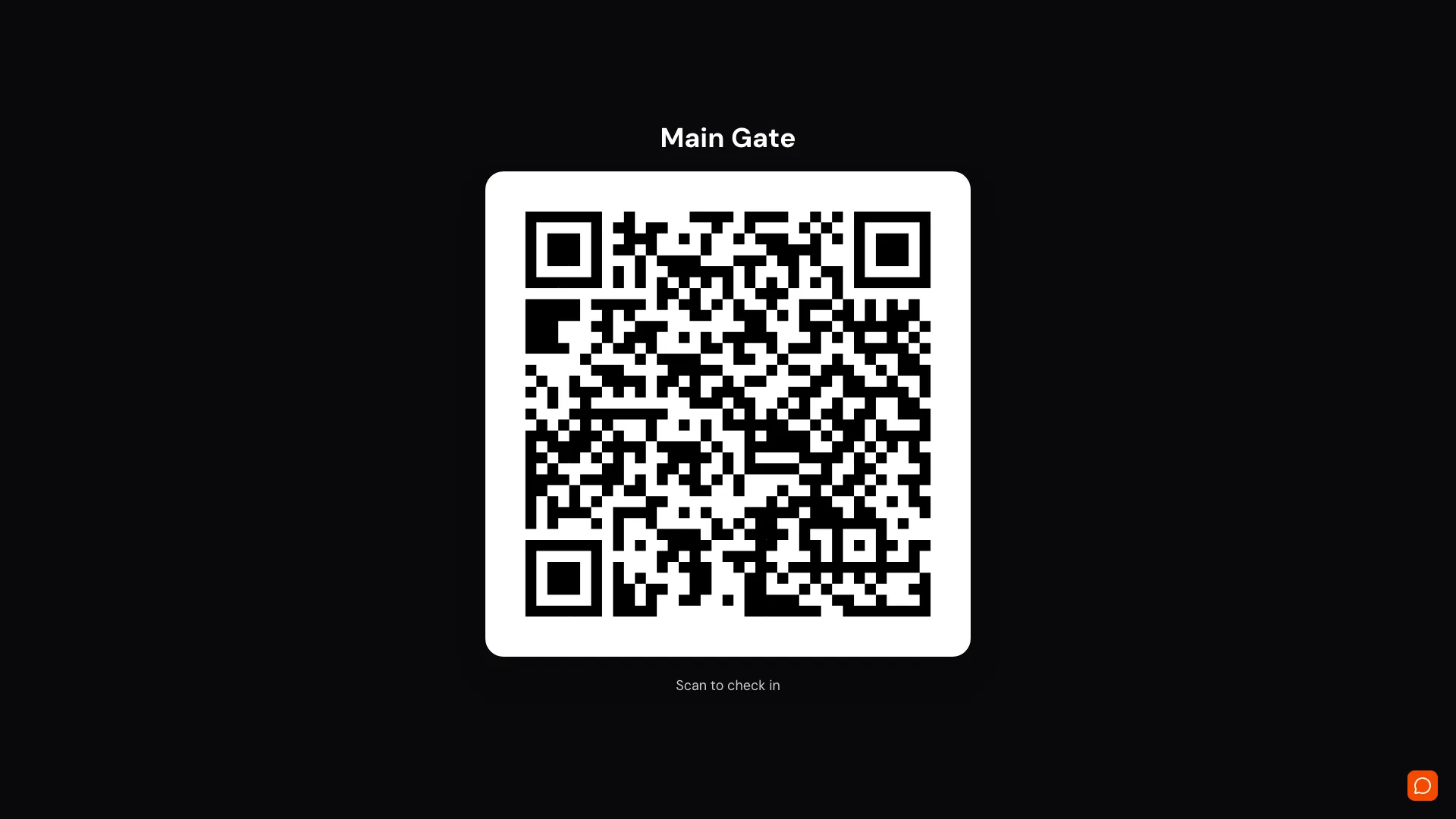 AttendFirst Static QR full-screen tablet display for Main Gate showing the same printable QR code with a Scan to check in caption below for employees scanning with their phones
