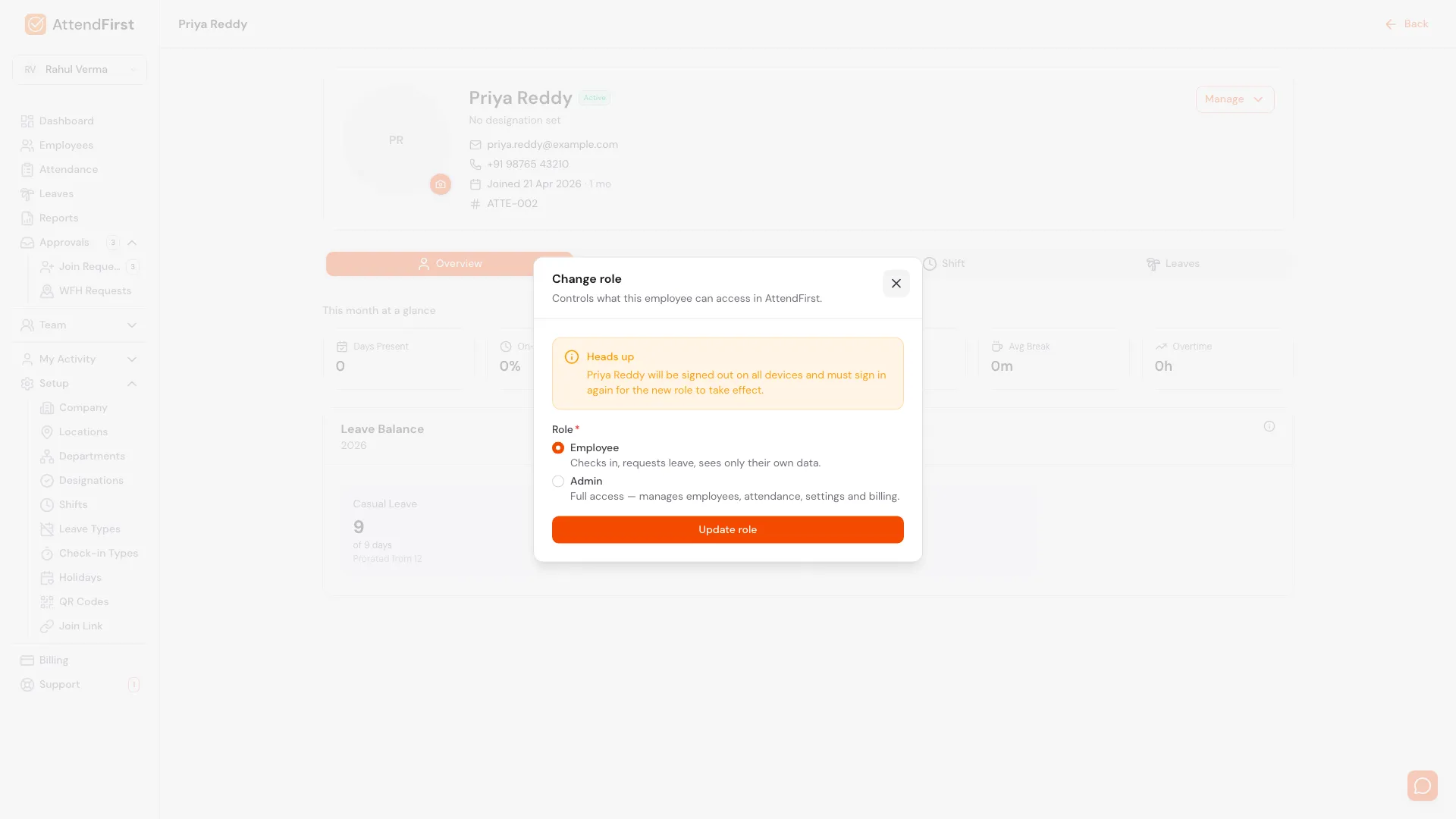 AttendFirst Change role modal with a Heads up notice that the employee will be signed out on all devices, and an Employee or Admin radio choice with a description of each, plus an Update role button