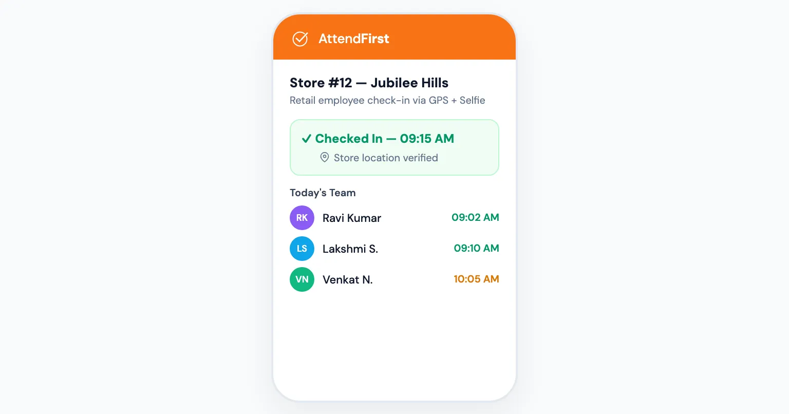 Retail store employee attendance app showing GPS verified check-in on mobile phone