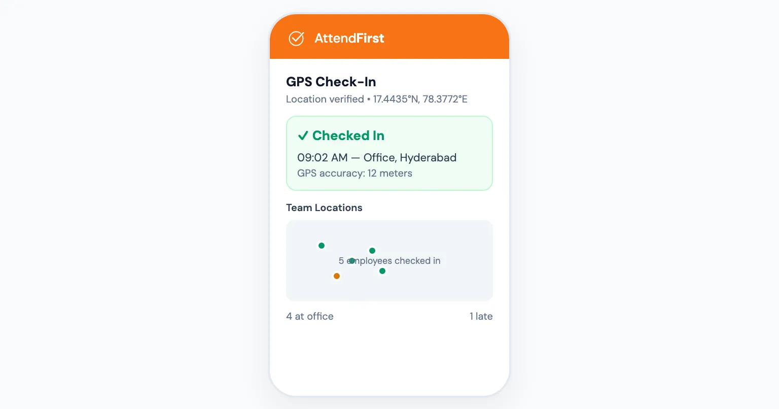 GPS attendance app for small business showing location-verified check-in with team map