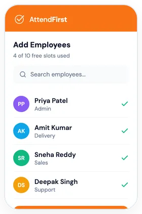 AttendFirst employee list showing 4 team members added with name and department