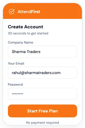 AttendFirst signup screen - enter company name, email, and password to create a free account